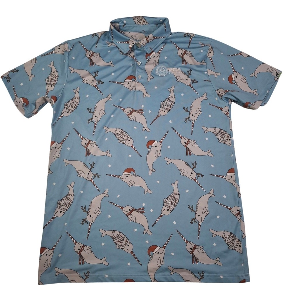Proud 90 Golf Polo Shirt Mens Large Blue Christmas Narwhal PGA Golf Club Logo